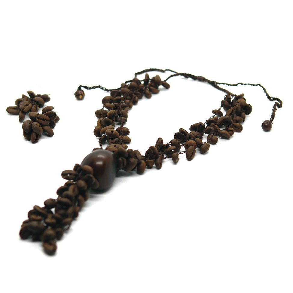 Earthy: Long Coffee Beans Necklace Set. Fashion Jewelry by Nando Medina