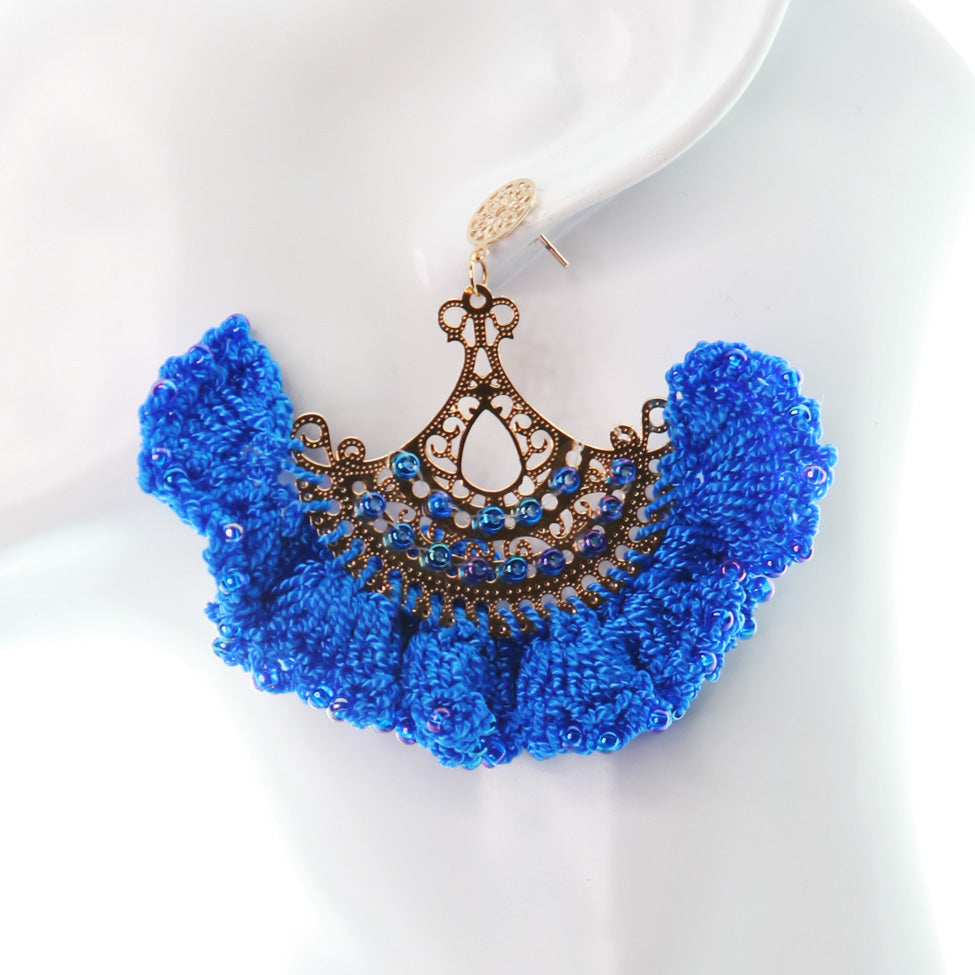 Nando Medina, blue crochet Cordobés earrings. Mediterranean Style.