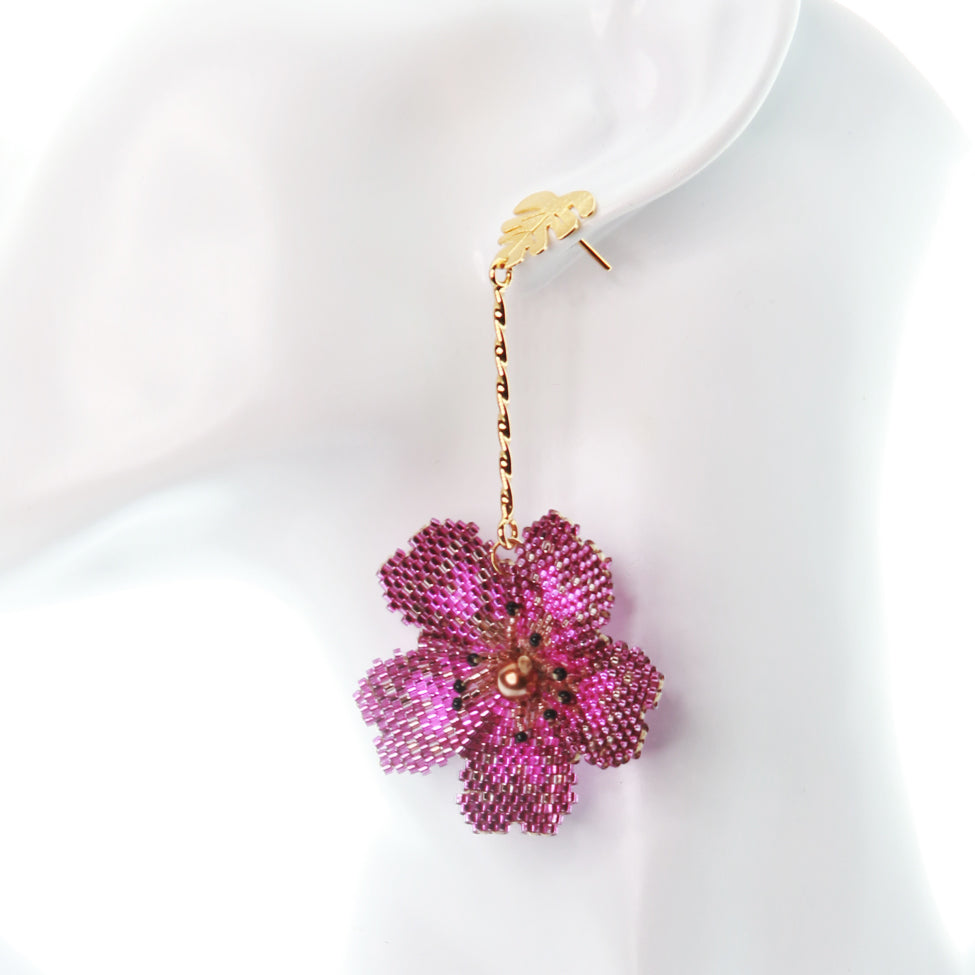 Nando Medina Earrings: Fuchsia Miyuki and Delica Seed Beads Flower - Libia Collection