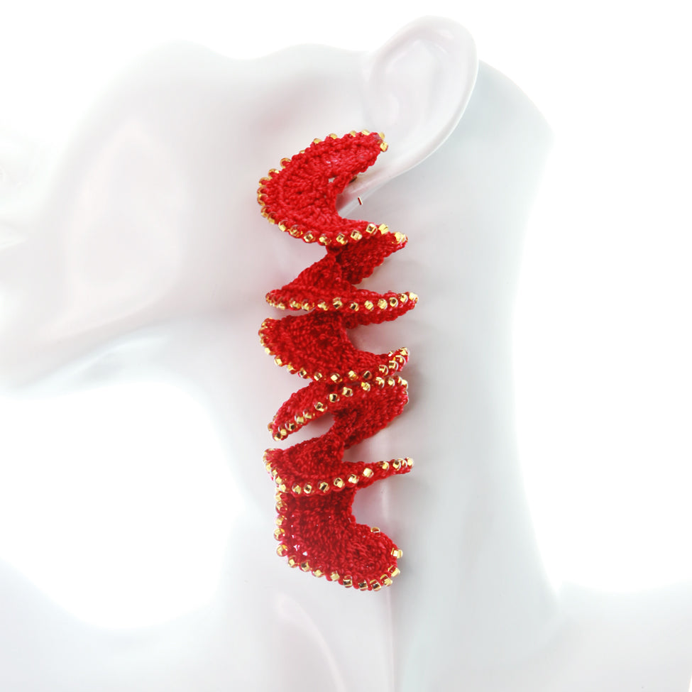 Nando Medina, Red Spiral Crochet Earrings. Fashion Jewelry Design