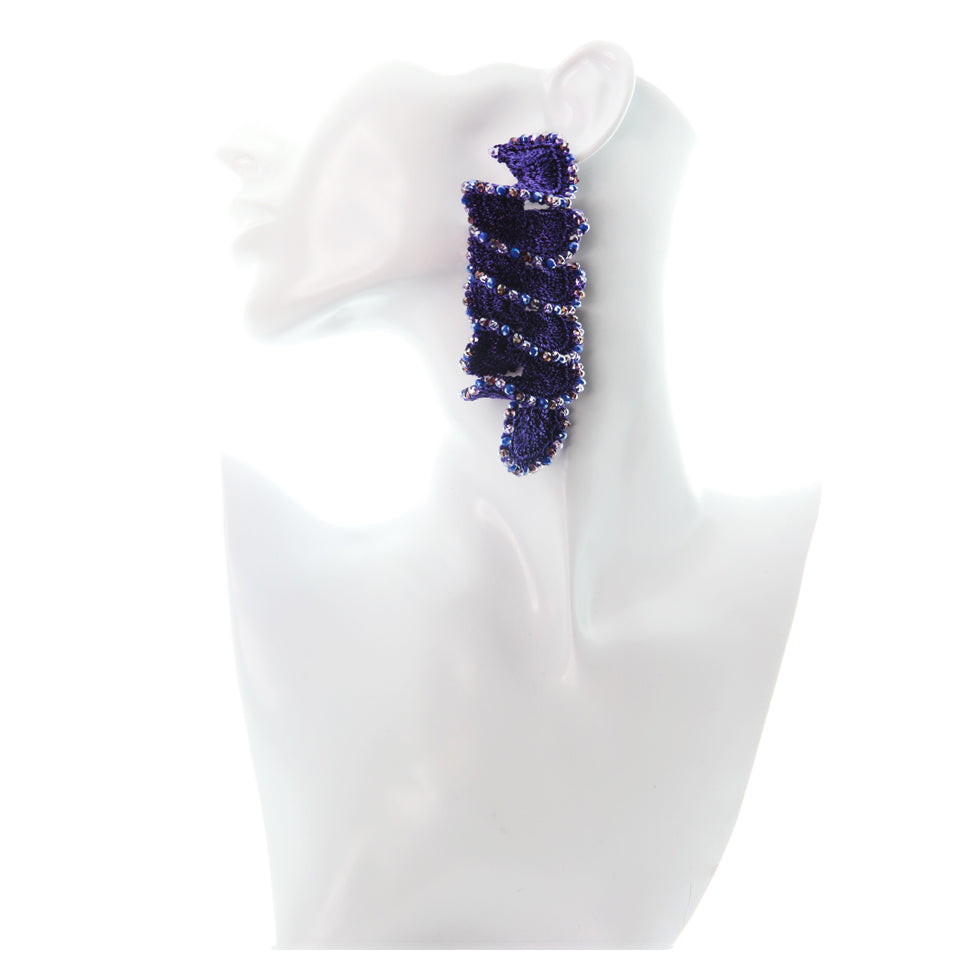 Nando Medina, Dark Purple Spiral Crochet Earrings. Fashion Jewelry Design