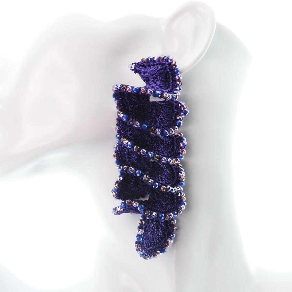 Nando Medina, Dark Purple Spiral Crochet Earrings. Fashion Jewelry Design