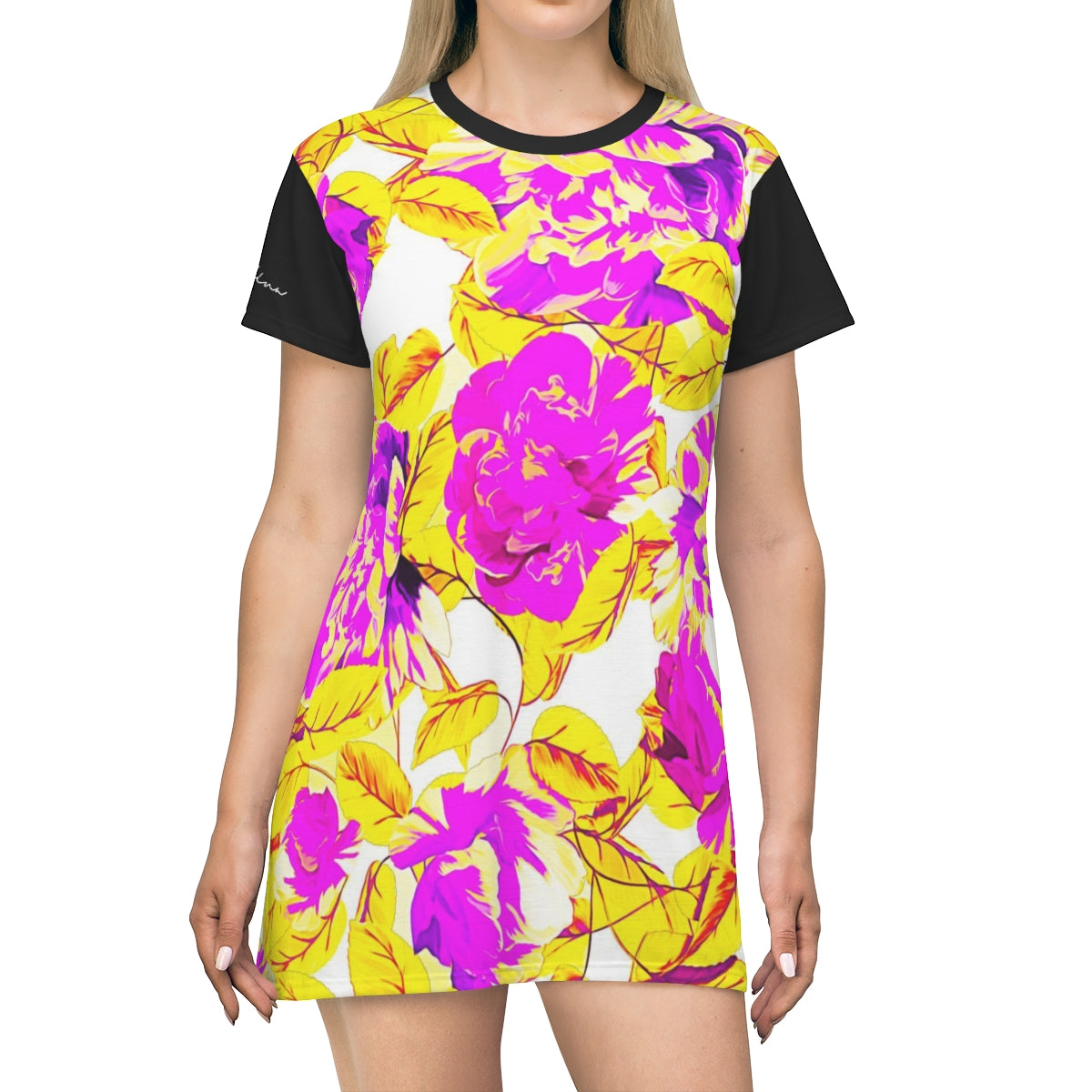 Shirtdress, Black Neon Floral Motive