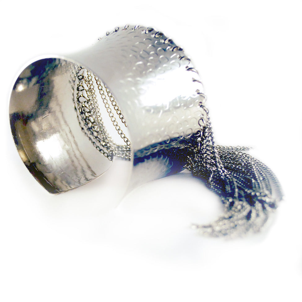 Helios: Diana Hammered Cuff w/Draped Chains. Fashion Jewelry by Nando Medina