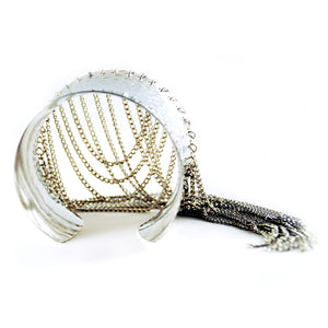 Helios: Diana Hammered Cuff w/Draped Chains. Fashion Jewelry by Nando Medina