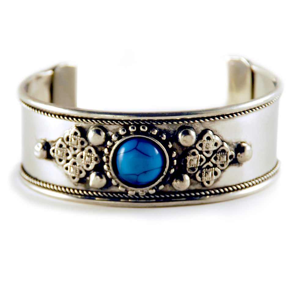 Iris: Athena Embossed Edge Stone Metal Cuff Bracelet. Fashion Jewelry by Nando Medina