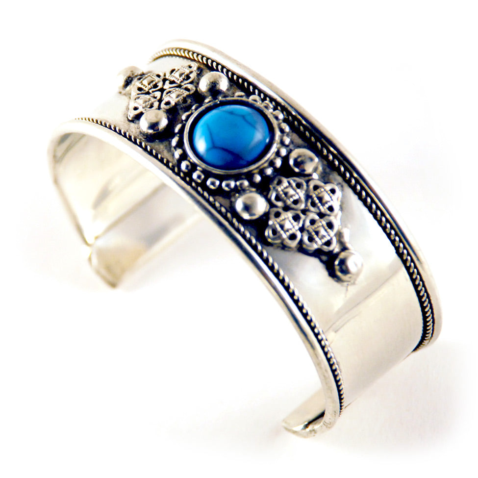 Iris: Athena Embossed Edge Stone Metal Cuff Bracelet. Fashion Jewelry by Nando Medina