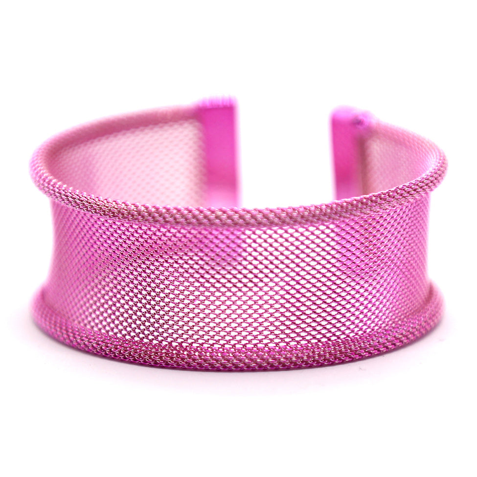 Iris: Pink Mesh Opened Bracelet. Fashion Jewelry by Nando Medina