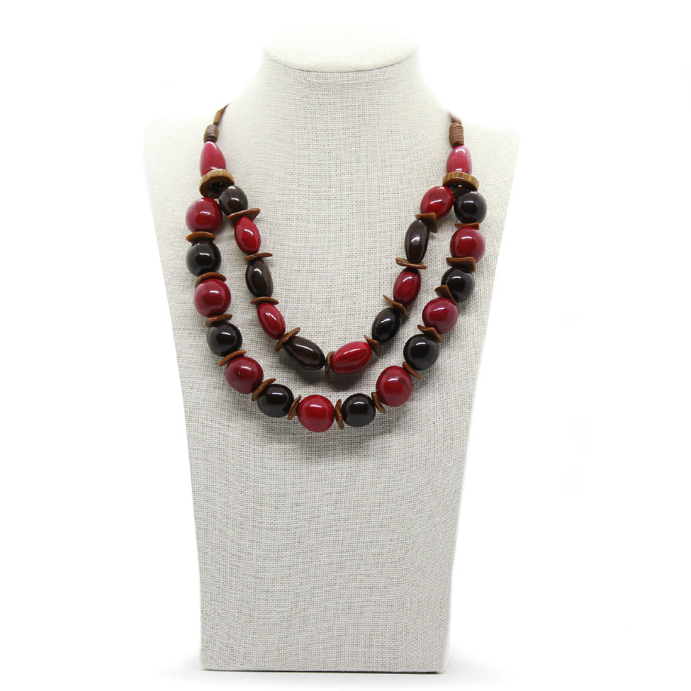 Earthy: Red 2-Layers Tagua Necklace Set. Fashion Jewelry by Nando Medina