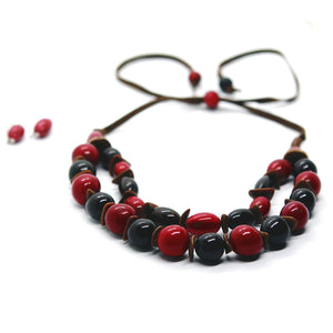 Earthy: Red 2-Layers Tagua Necklace Set. Fashion Jewelry by Nando Medina