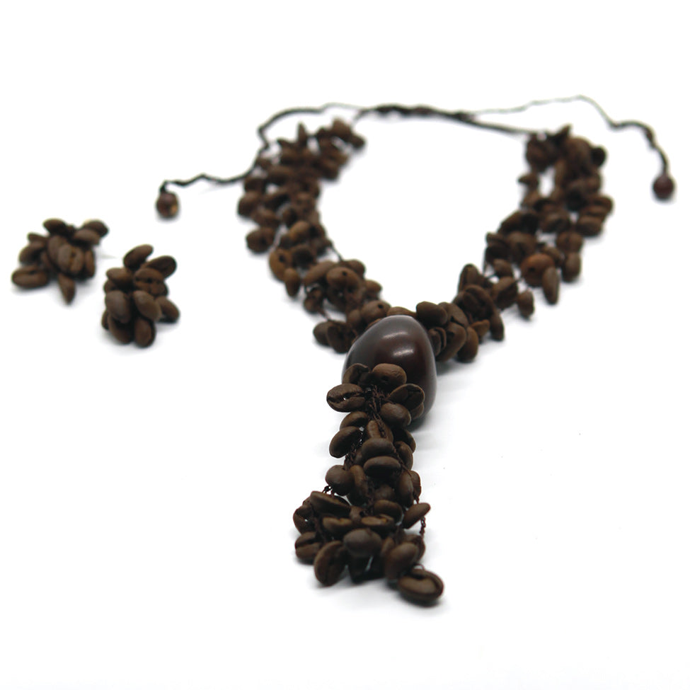 Earthy: Long Coffee Beans Necklace Set. Fashion Jewelry by Nando Medina