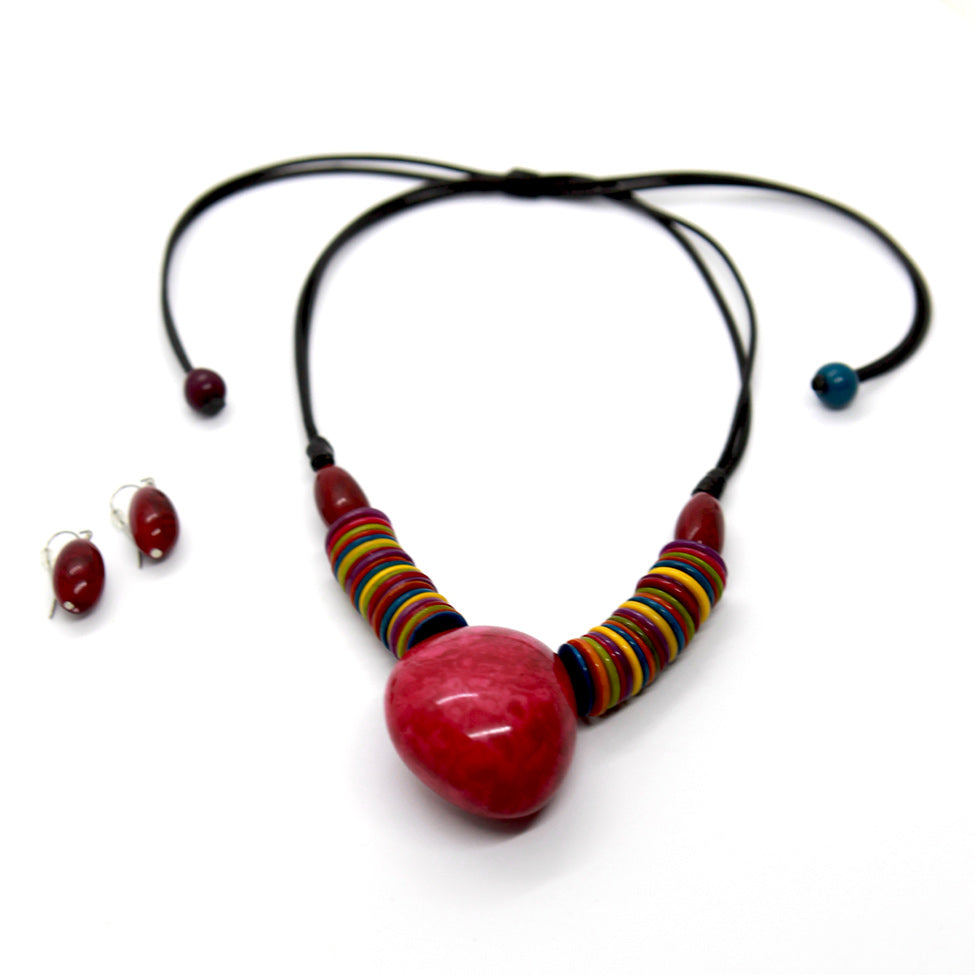 Earthy: Red Tagua Heart Pendant Necklace Set. Fashion Jewelry by Nando Medina