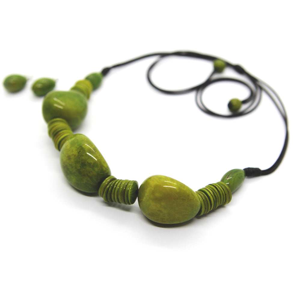 Earthy: Olive Green 3 Tagua Hearts Necklace Set. Fashion Jewelry by Nando Medina