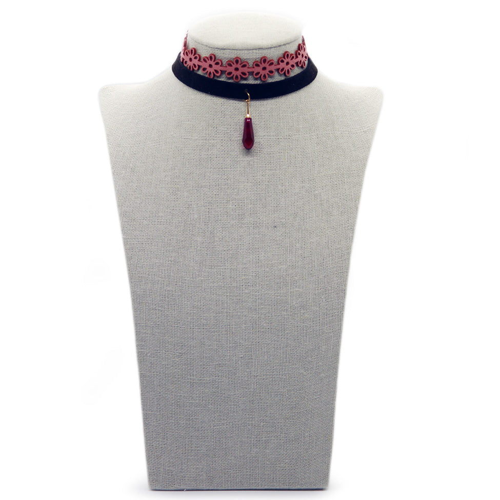 Seducción: Pink Suede + Velvet Lace Choker w/Swarovski Pendant. Fashion Jewelry by Nando Medina