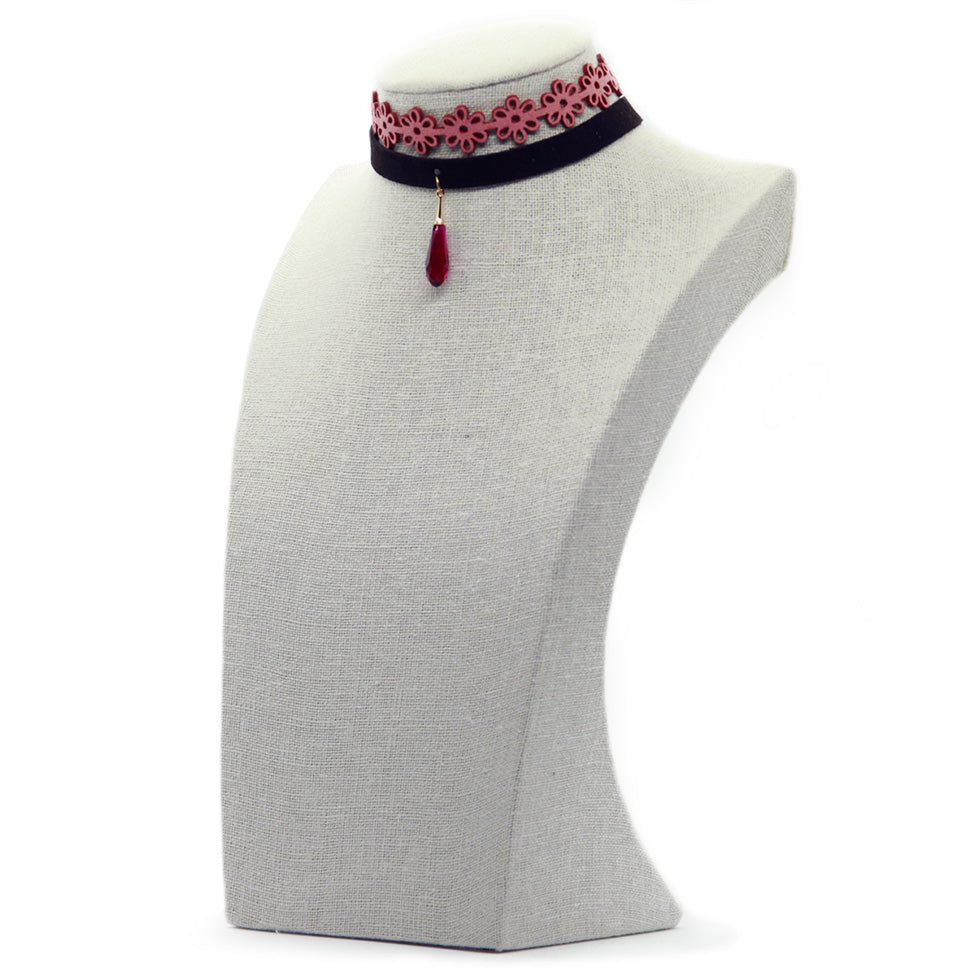 Seducción: Pink Suede + Velvet Lace Choker w/Swarovski Pendant. Fashion Jewelry by Nando Medina