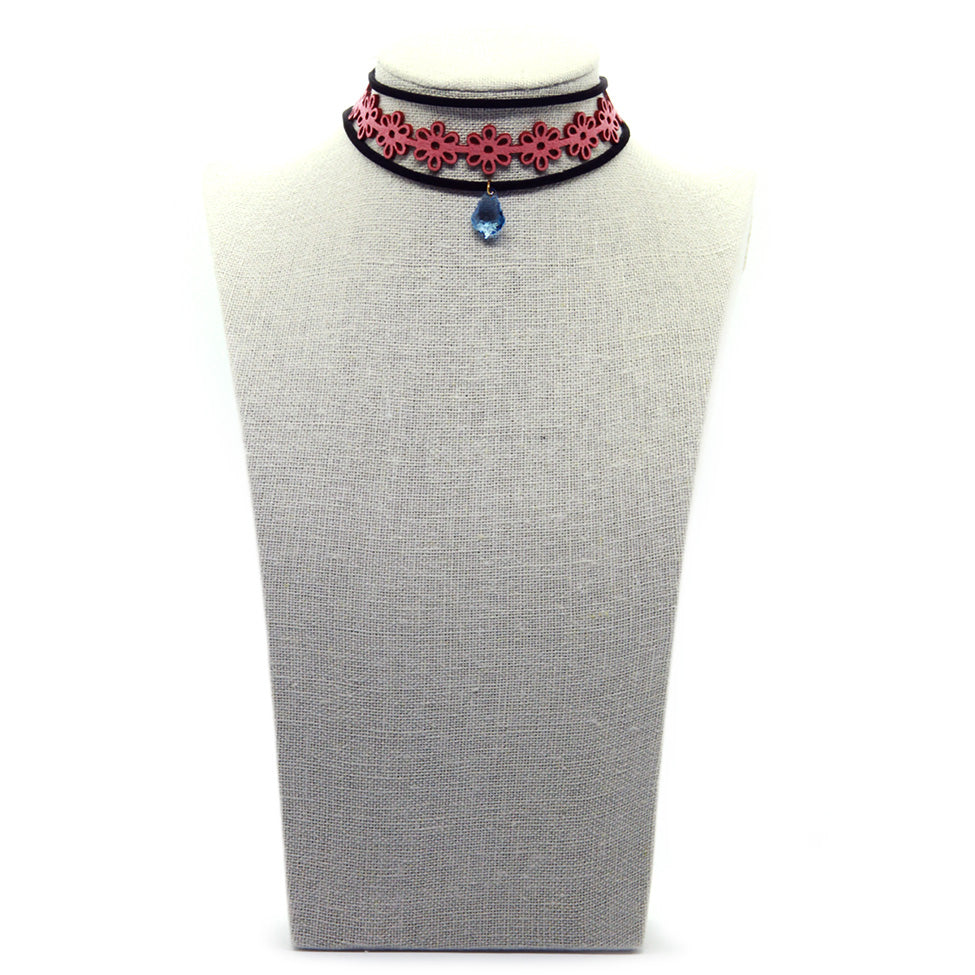 Seduccion: Velvet Cord Choker with Pink Suede and Aqua Swarovski Crystal. Fashion Jewelry by Nando Medina