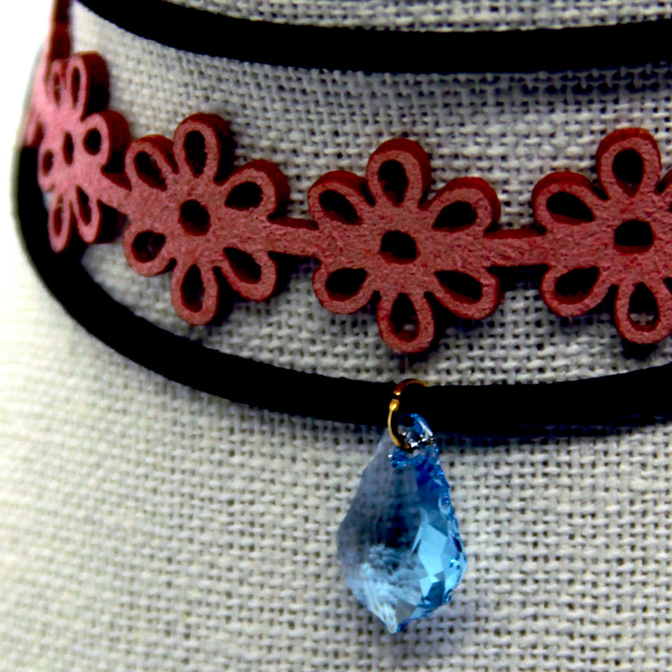 Seduccion: Velvet Cord Choker with Pink Suede and Aqua Swarovski Crystal. Fashion Jewelry by Nando Medina