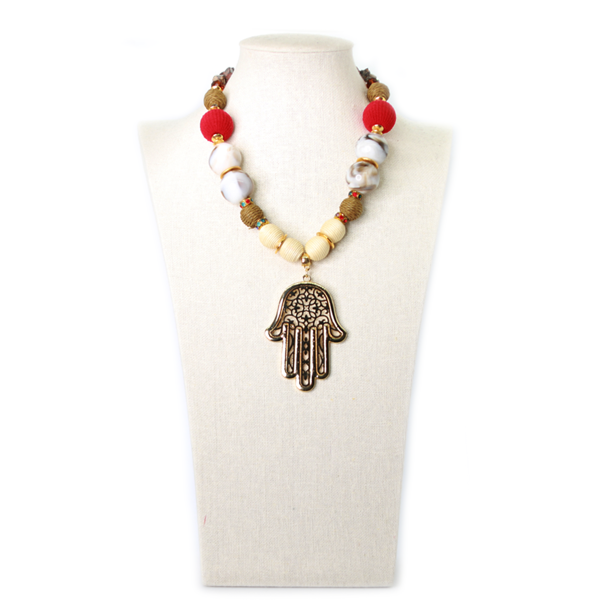 Zamak Hamsa Hand Pendant Necklace with Faceted Marble Agate Round Ball Beads, by Nando Medina