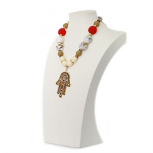 Zamak Hamsa Hand Pendant Necklace with Faceted Marble Agate Round Ball Beads, by Nando Medina