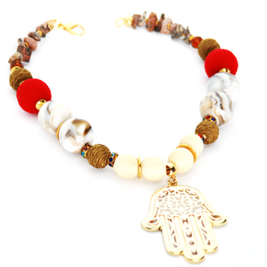 Zamak Hamsa Hand Pendant Necklace with Faceted Marble Agate Round Ball Beads, by Nando Medina