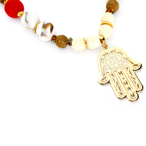 Zamak Hamsa Hand Pendant Necklace with Faceted Marble Agate Round Ball Beads, by Nando Medina
