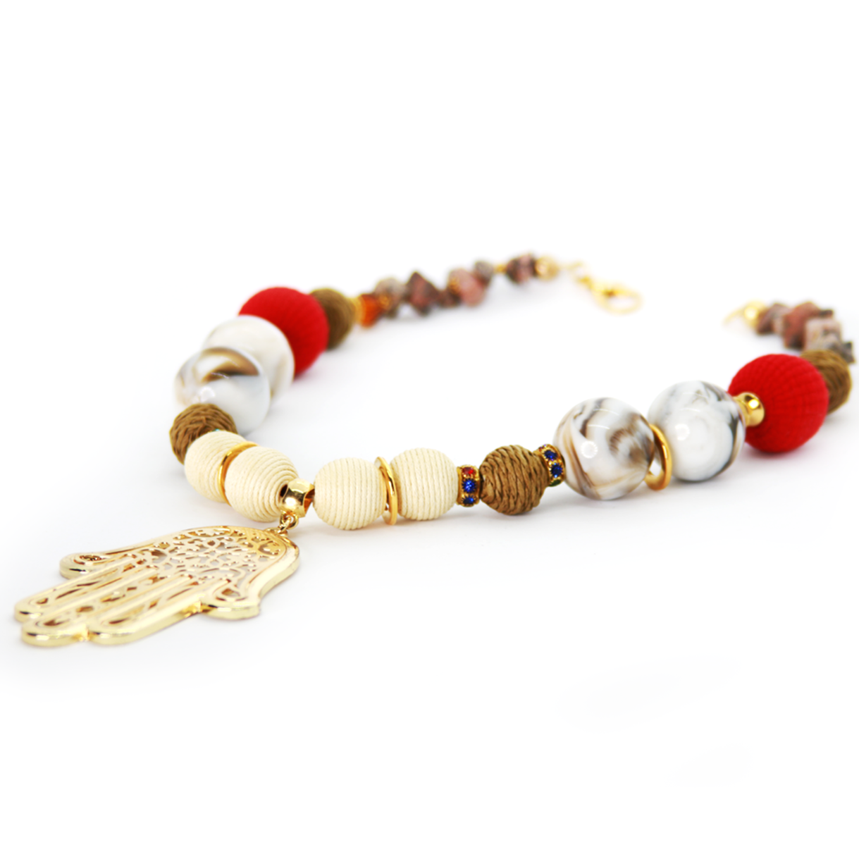 Zamak Hamsa Hand Pendant Necklace with Faceted Marble Agate Round Ball Beads, by Nando Medina