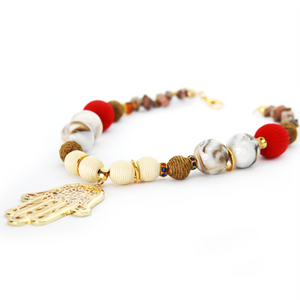 Zamak Hamsa Hand Pendant Necklace with Faceted Marble Agate Round Ball Beads, by Nando Medina
