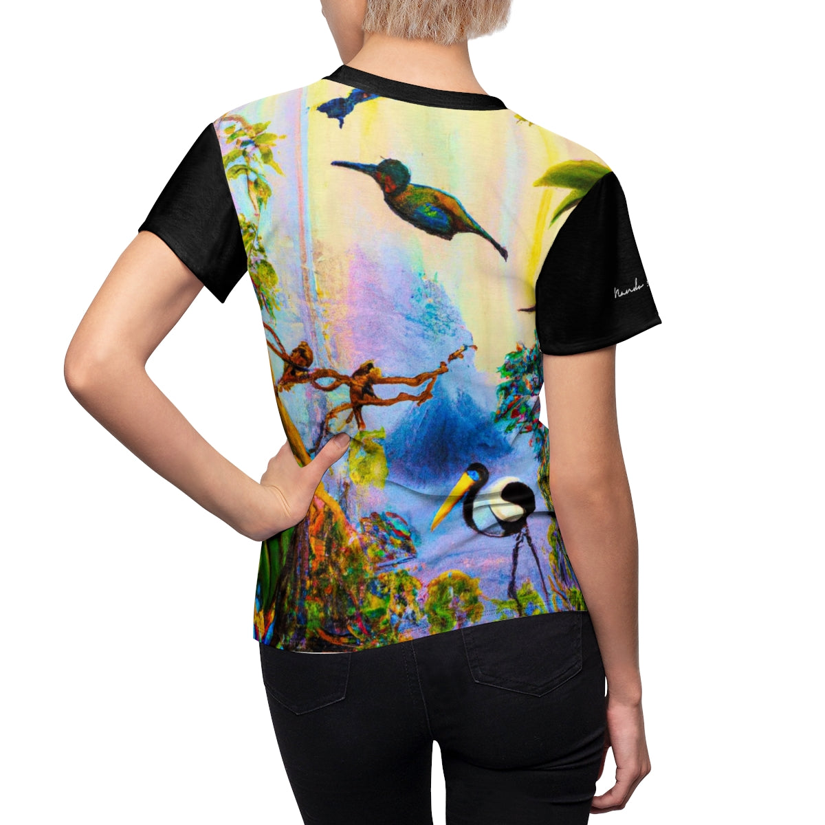 T-Shirt, Black Tropical Bird Paradise